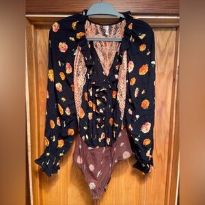 Poppy Printed Bodysuit in Black Combo Free People Small S Lace